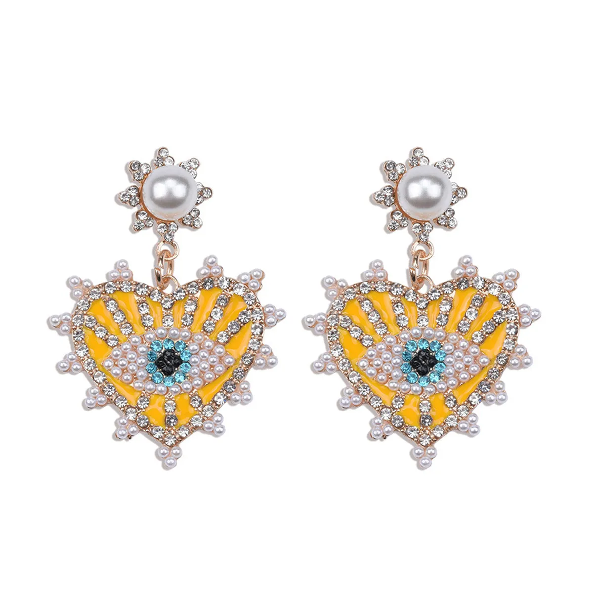 Yellow & Cubic Zirconia Eye In Heart Drop Earrings