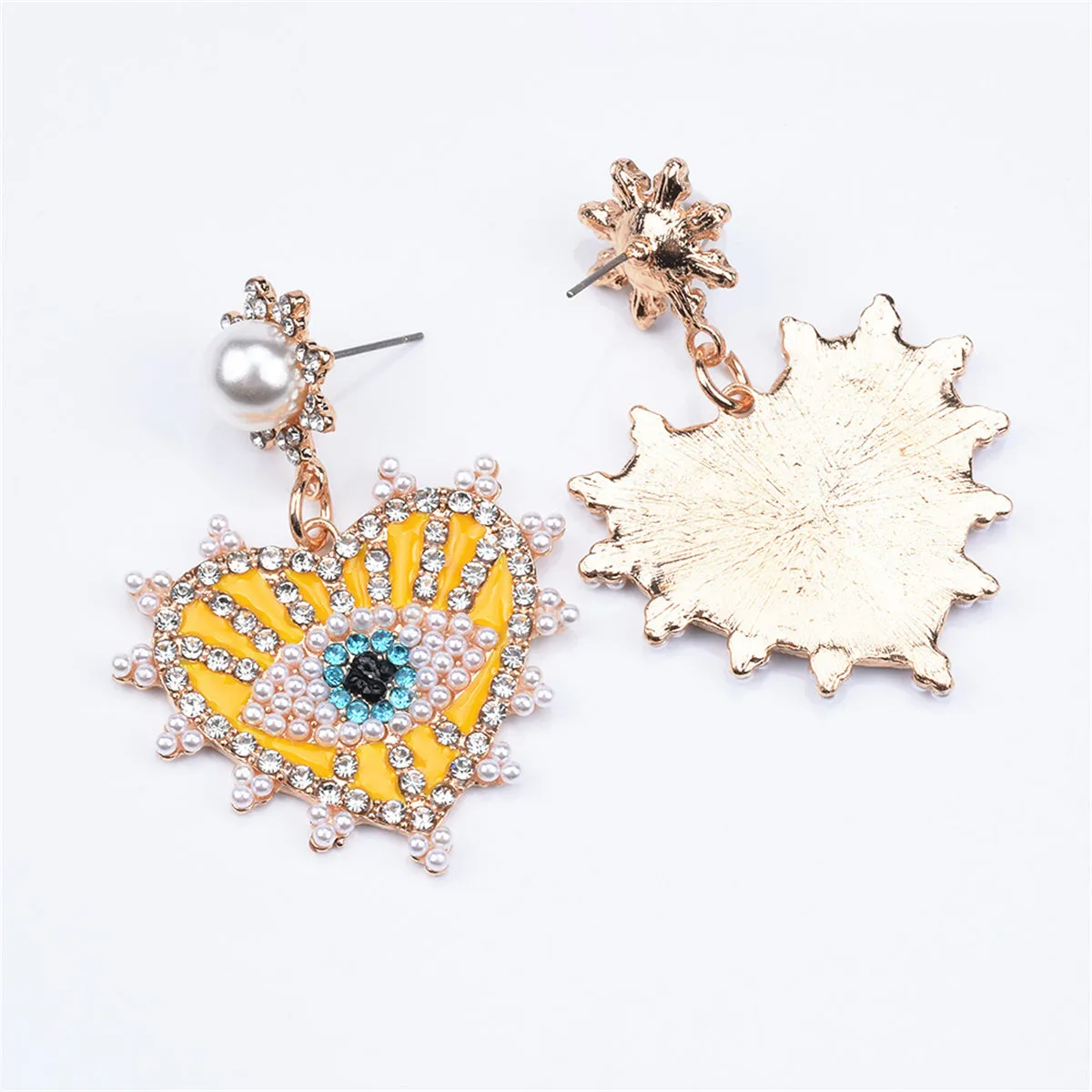 Yellow & Cubic Zirconia Eye In Heart Drop Earrings