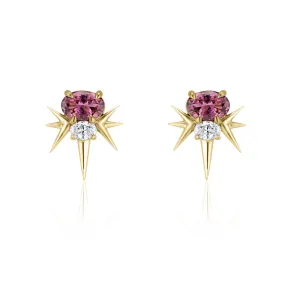 Yellow Gold Pink Tourmaline And Diamond Spike Stud Earrings