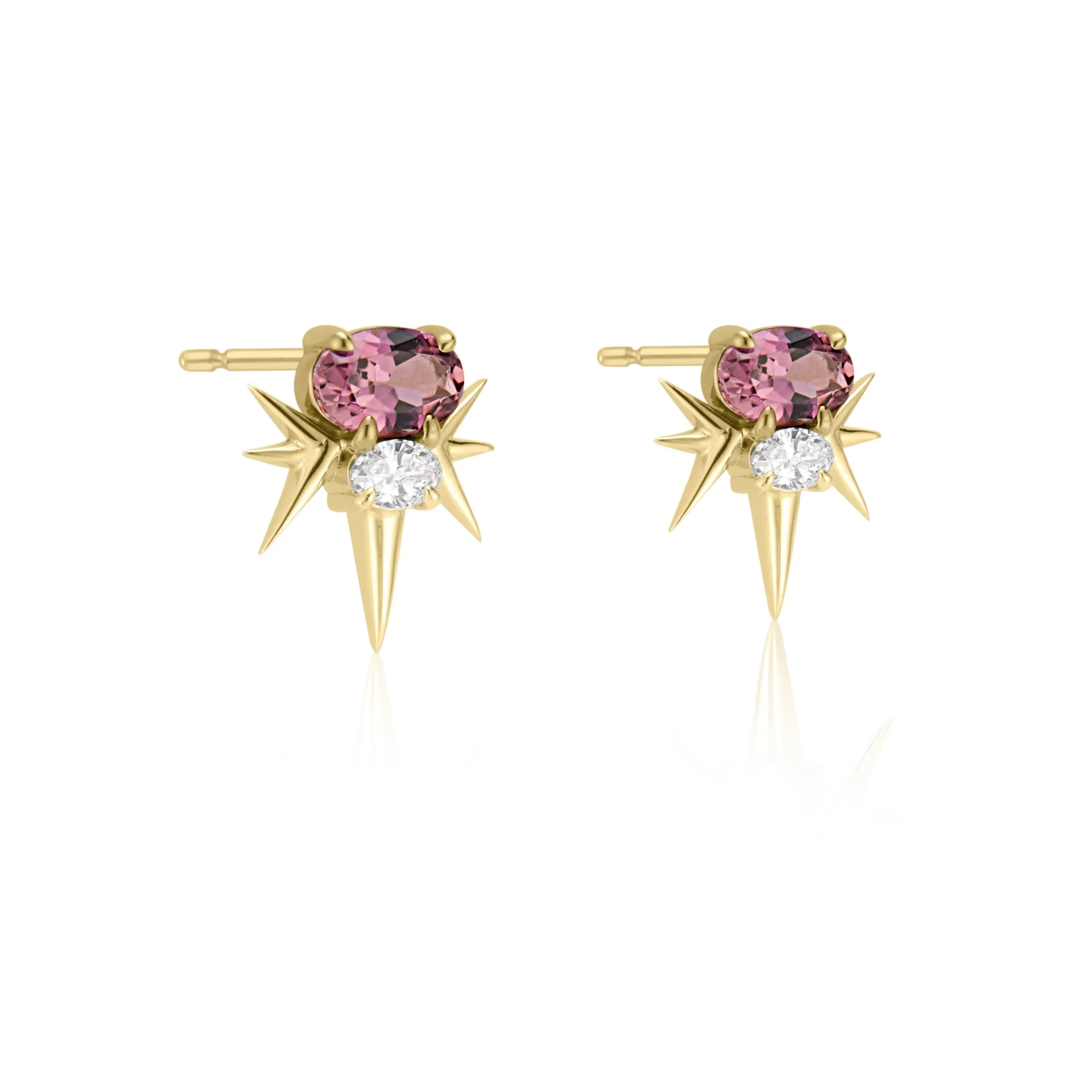 Yellow Gold Pink Tourmaline And Diamond Spike Stud Earrings