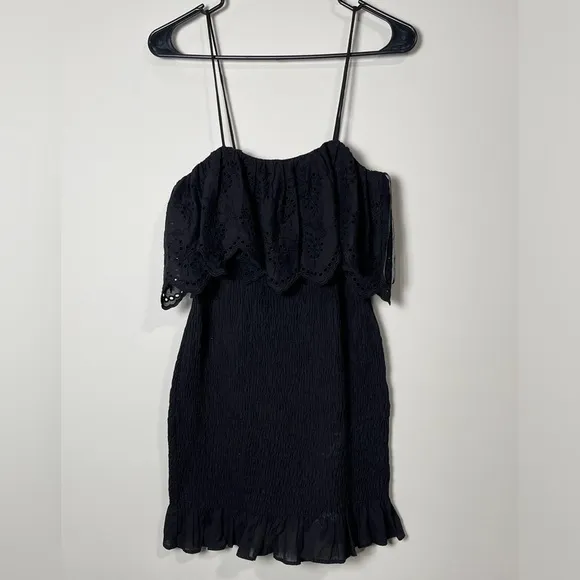 Zara Women's Black Eyelet Smocked Ruffle Mini Dress Short