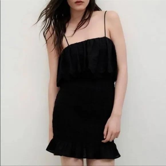 Zara Women's Black Eyelet Smocked Ruffle Mini Dress Short