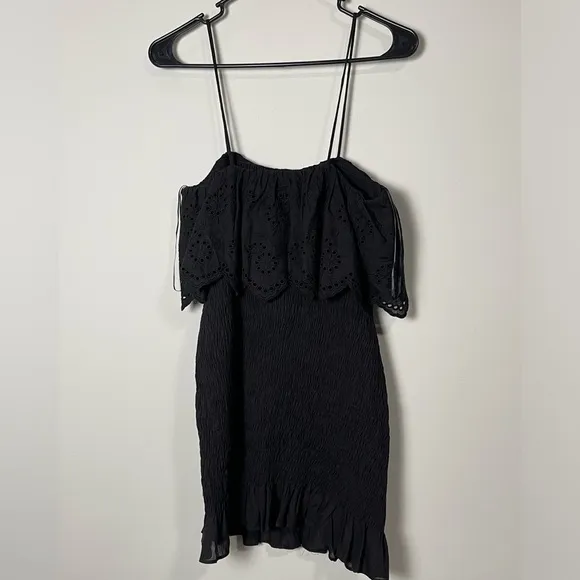 Zara Women's Black Eyelet Smocked Ruffle Mini Dress Short