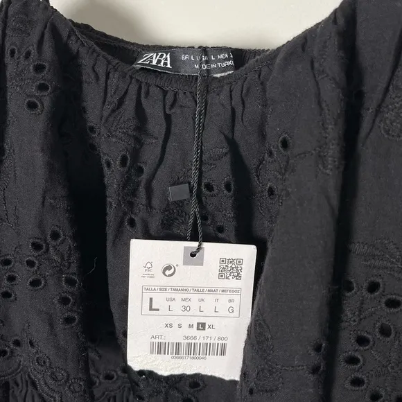 Zara Women's Black Eyelet Smocked Ruffle Mini Dress Short