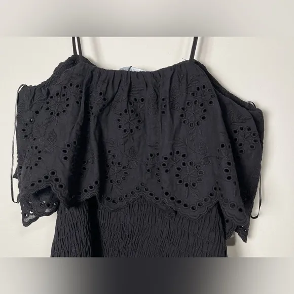 Zara Women's Black Eyelet Smocked Ruffle Mini Dress Short
