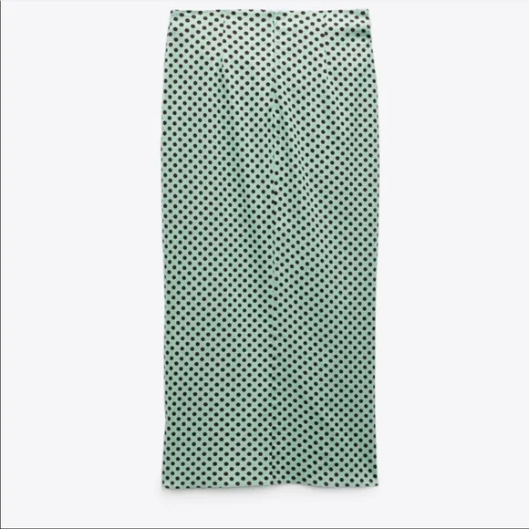 ZARA Women's Linen Blend Green Polka Dot Slit Front Midi Skirt Size XS