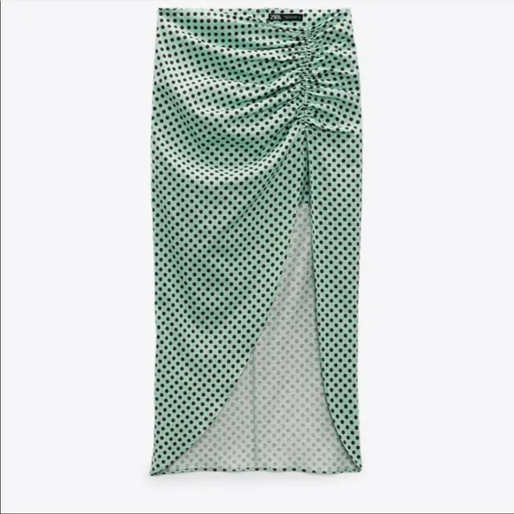 ZARA Women's Linen Blend Green Polka Dot Slit Front Midi Skirt Size XS