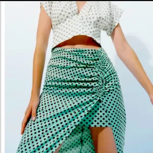 ZARA Women's Linen Blend Green Polka Dot Slit Front Midi Skirt Size XS
